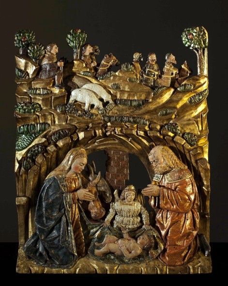 Giovan Pietro e Giovanni Ambrogio De Donati Natività 1500 circa Legno intagliato, dorato e dipinto cm 46 x 36,5 x 4