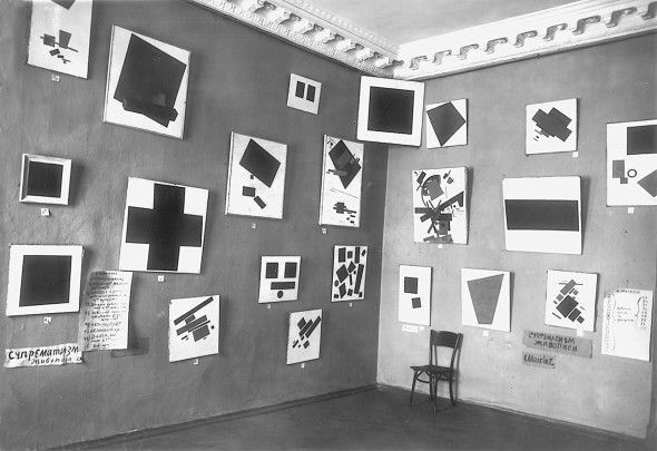 “0,10 – The Last Futurist Exhibition of Painting”, Petrograd, winter 1915/16 View of the room with Malevich’s Black Square and other suprematist paintings Russian State Archive for Literature and Art, Moscow
