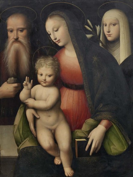 Andrea Piccinelli, detto del Brescianino Attivo a Siena dal 1507 al 1525 ca.  MADONNA COL BAMBINO E I SANTI GIROLAMO E CATERINA DA SIENA STIMA € 70.000 / 80.000  FAI UN'OFFERTA Olio su tavola, cm. 86x65,5