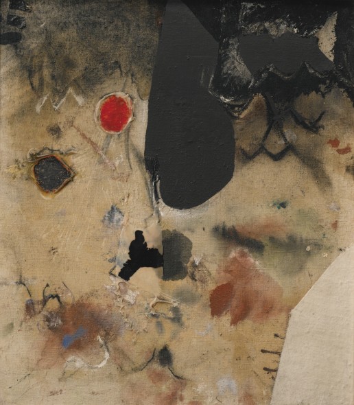 Alberto Burri BIANCO 1952 SIGNED AND DATED 52 ON THE REVERSE, BURLAB, FABRIC, OIL PAINT AND VINAVIL ON CANVAS Estimate   300,000 — 400,000  EUR