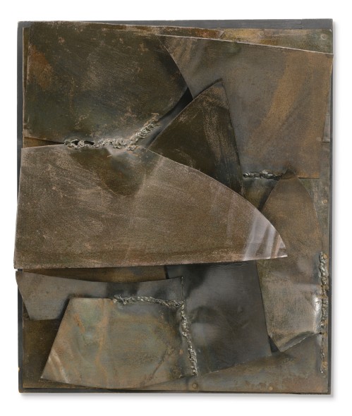 Alberto Burri FERRO SIGNED, DEDICATED, INSCRIBED AND DATED 1959 ON THE REVERSE, IRON ON WOOD Estimate   500,000 — 700,000  EUR