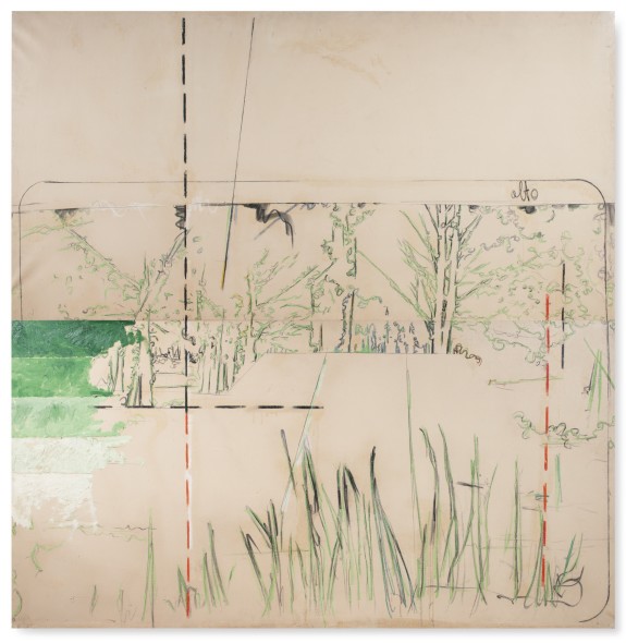 Mario Schifano EN PLEIN AIR. QUADRO PER LA PRIMAVERA SIGNED, TITLED AND DATED 1964 ON THE REVERSE, OIL AND CHARCOAL ON CANVAS, TWO ELEMENTS Estimate   200,000 — 250,000  EUR