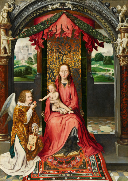 Lotto 1404 - Hans Memling, ambito di Madonna con Bambino e Angeli Musicanti Olio su tela, 63 x 44.4 cm.