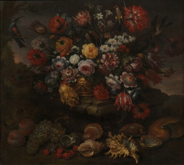 Bartolomeo Bimbi (Settignano 1648-Firenze 1729) VASO DI FIORI CON FRUTTA E CONCHIGLIE Olio su tela | cm. 73x83 | stima € 30.000/50.000