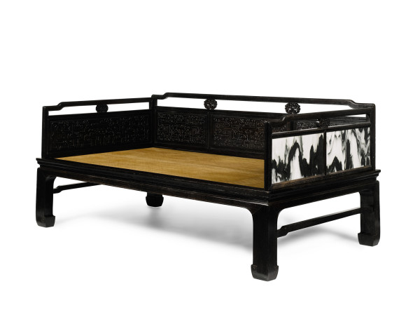Lot 19 A Rare Zitan Luohan Bed with Marble Panels, Luohanchuang Qing Dynasty, 18th Century Estimate £150,000-250,000 Sold for £1,469,000 / US$2,229,208 / HK$17,387,822