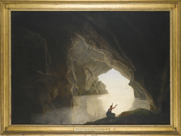 Joseph Wright of Derby, A.R.A. DERBY 1734 - 1797 A GROTTO IN THE GULF OF SALERNO, WITH THE FIGURE OF JULIA, BANISHED FROM ROME oil on canvas, held in its original Wright of Derby Neo-Classical frame 124 by 172 cm.; 48 3/4  by 67 3/4  in. Estimate   100,000 — 150,000  GBP