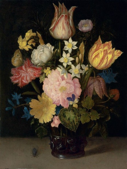 Ambrosius Bosschaert I (Antwerp 1573-1621 The Hague) Parrot tulips, a rose, a fritillary, daffodils, narcissi and other flowers in a roemer, with a Meadow Brown butterfly and a fly, on a stone table oil on oak panel 10 x 7 5/8 in. (25.3 x 19.4 cm.) Estimate  £600,000 – £800,000 ($906,000 - $1,208,000)