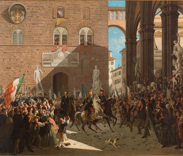 Enrico Fanfani  (Firenze, 1824 – post 1885) L’arrivo di Vittorio Emanuele II in Piazza della Signoria di Firenze  1861 olio su tela Collezione privata