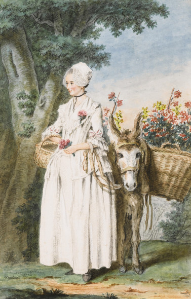 LOT 103 LOUIS CARROGIS CALLED CARMONTELLE PARIS 1717 - 1806 A MILKMAID AND A DONKEY CARRYING TWO LARGE BASKETS OF FLOWERS IN A WOOD ESTIMATE 40,000-60,000 GBP 
