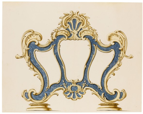 LOT 134 LUIGI VALADIER (ROME 1726 - 1785) AND WORKSHOP A CARTAGLORIA (ALTAR CARD STAND), THE SCROLL BORDERS DECORATED WITH SHELLS Pen and brown ink with brown and grey wash and simulated lapis lazuli in blue and gold on light blue gouache, over black chalk ESTIMATE 1,500-2,000 GBP 