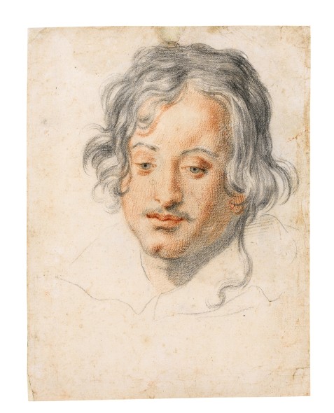 LOT 24 ATTRIBUTED TO JACOPO VIGNALI PRATOVECCHIO 1592 - 1664 FLORENCE HEAD OF A YOUNG MAN LOOKING DOWN Black and red chalk ESTIMATE 5,000-7,000 GBP 