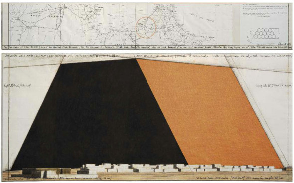 LOTTO 389 CHRISTO (GRABOVO (BULGARIA) 1935) THE MASTABA OF ABU DHABI (PROJECT FOR UNITED ARAB EMIRATES), 1981 PASTELLO, MATITA, CARBONCINO E CERA SU CARTA, CM 148 x 245 STIMA € 110.000 – 130.000 AGGGIUDICAZIONE € 136.400