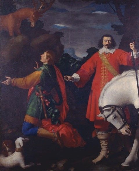 ALTOMANI & SONS Carlo Ceresa (San Giovanni Bianco 1609 – Bergamo 1679) Visione di Sant’Eustachio con ritratto di gentiluomo e cavallo olio su tela