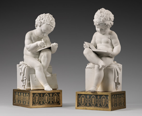 Due figure di fanciulli in biscuit, come allegoria della Lettura e della Scrittura Parigi 1800 circa, Dihl et Guerhard Burzio, Londra