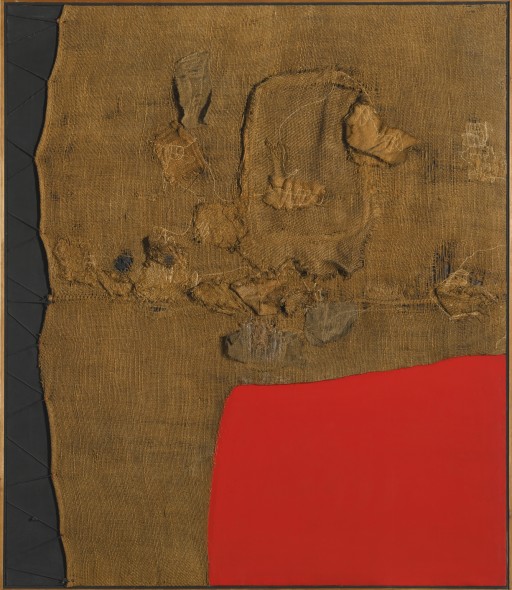 Alberto Burri 1915 - 1995 SACCO E ROSSO signed on the reverse  acrylic and burlap on canvas 149.9 by 129.5cm.; 59 by 51in. Executed circa 1959. Estimate   9,000,000 — 12,000,000  GBP
