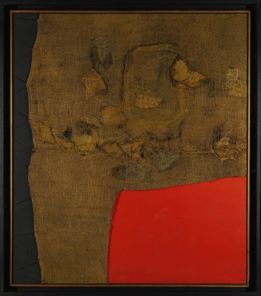 Alberto Burri 1915 – 1995 SACCO E ROSSO signed on the reverse acrylic and burlap on canvas 149.9 by 129.5cm.; 59 by 51in. Executed circa 1959. Estimate 9,000,000 — 12,000,000 GBP - See more at: http://www.artslife.com/2016/02/10/burri-da-record-venduto-a-londra-per-9109000-gbp/#sthash.gn8b8CL0.dpuf