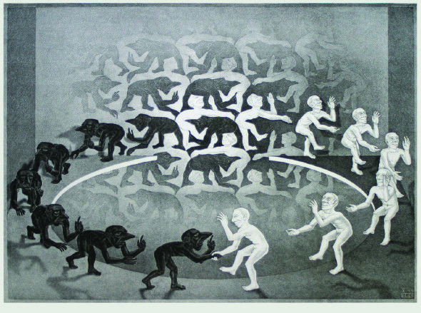 Maurits CornelisEscherIncontro1944Litografia, 33,5x46,2 cmCollezione Federico GiudiceandreaAll M.C. Escher works © 2015 The M.C. EscherCompany. All rights reservedwww.mcescher.com