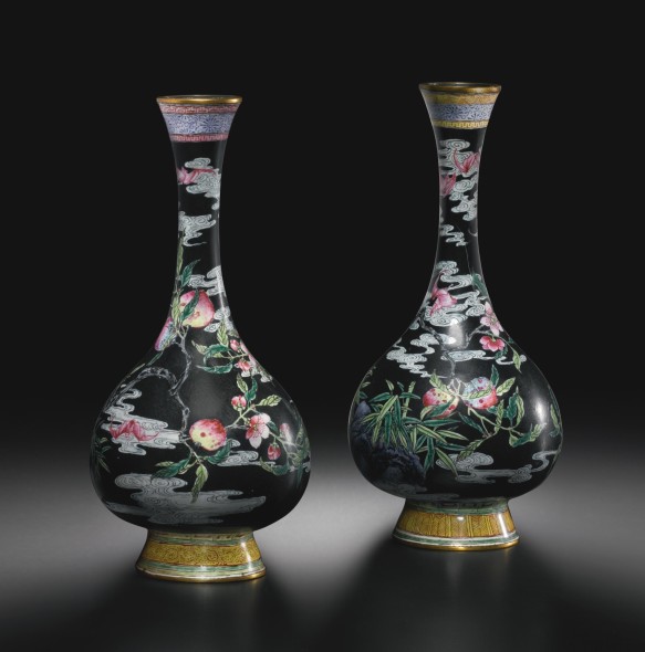 AN EXCEPTIONALLY RARE PAIR OF BEIJING ENAMEL 'PEACH AND BAT' VASES QIANLONG MARKS AND PERIOD  Estimate  250,000 — 350,000  USD CHINESE ART FROM CARAMOOR CENTER FOR MUSIC AND THE ARTS