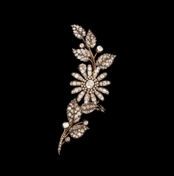 Exhibitor: A La Vieille Russie, Inc Artist / Title  Old-mine floral spray brooch  Short description  Diamonds mounted en tremblant and set in silver and gold, total circa 16 crts Length 11.4 cm France, circa 1870 