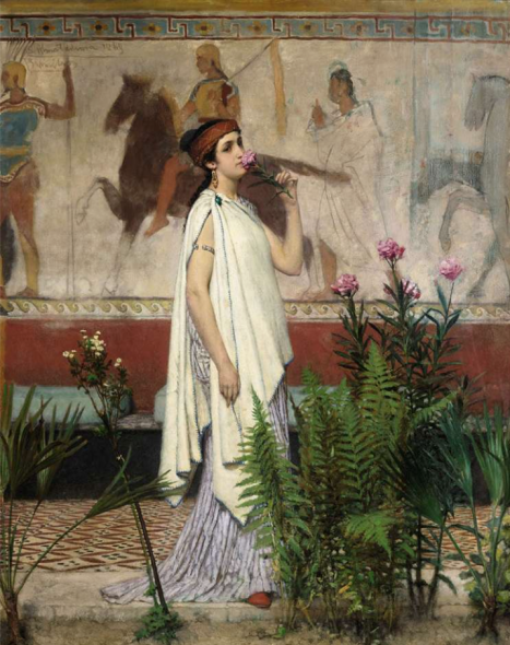 Exhibitor: Daphne Alazraki Artist / Title  Sir Lawrence Alma-Tadema (Dronrijp 1836-1912 Wiesbaden)  A Greek woman  Oil on panel 58.5 x 46 cm 96.5 x 66 cm (including frame) Signed, dated and inscribed upper left 'Alma Tadema 1869/Bruxelles' Brussels, 1869 