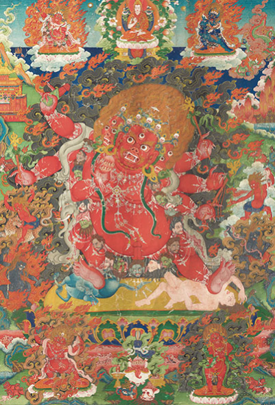 AN IMPORTANT AND FINE PAINTING OF CHAMSING BEGTSE CHEN TIBET, 19TH CENTURY Beautifully painted with the red-skinned deity trampling over a horse and prone figure on a sun disc over a lotus base, holding various implements in his six hands, adorned with bone ornaments, a garland of freshly severed heads, a green snake and elephant skin, each of his three faces with a skull tiara, surrounded by smoke and flames, with protector deities above and below 37 3/8 x 26 in. (95 x 66 cm.) Estimate (Set Currency) $500,000 – $700,000 SAVE AS INTEREST FOLLOW PLACE BID Sale Information SALE 12893 — THE VAN DER WEE COLLECTION OF HIMALAYAN PAINTINGS 15 March 2016 New York, Rockefeller Plaza