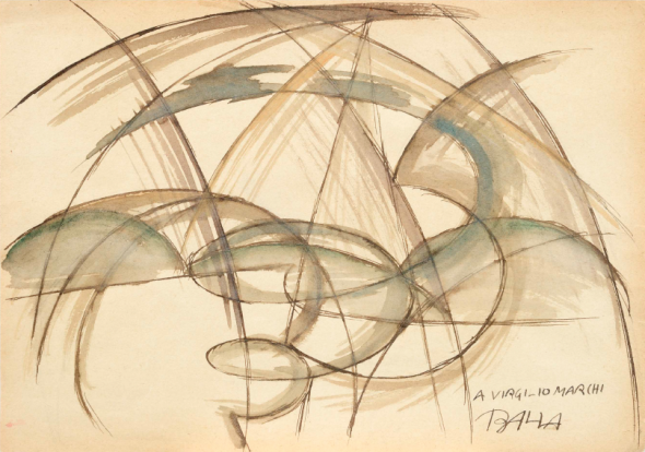 Linee di velocità + Vortice + Cielo 1914 circa Brown ink and watercolour on paper 19 x 27,1 cm Signed and dedicated lower right, in block letters, written in ink: A VIRGILIO MARCHI BALLA