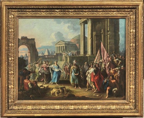 Giuseppe Zocchi (Firenze 1716 - 1767) L’INCONTRO DI JEPHTE CON LA FIGLIA olio su tela, cm 47x61,5 Il dipinto è offerto insieme al relativo disegno preparatorio ad inchiostro bruno e acquerello su carta,  mm 190x260