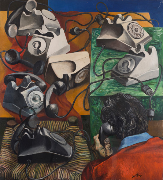 Renato Guttuso Telefoni o L’incomunicabilità, 1980 Olio su tela 100 x 90 cm Firmato in basso a destra Guttuso Datato e firmato sul retro Guttuso ‘80 PROVENIENZA: A.P. Schiavina, Torino Collezione Pellin, Varese ESPOSIZIONI: Roma, Galleria Rondanini, 1981 Centro di Cultura di Palazzo Grassi, Venezia, Guttuso: opere dal 1931 al 1981, 3 aprile – 20 giugno 1982 (etichetta sul retro) Fondazione Antonio Mazzotta, Milano, Renato Guttuso, opere della Fondazione Francesco Pellin a cura di E. Crispolti, 27 gennaio - 6 marzo 2005 (etichetta sul retro) Chiostro del Bramante, Roma, Renato Guttuso, opere della Fondazione Francesco Pellin a cura di E. Crispolti, 13 marzo – 5 giugno 2005 BIBLIOGRAFIA: E. Crispolti, Catalogo ragionato generale dei dipinti di Renato Guttuso: Opere dal 1931 al 1981, Edizioni Sansoni, Firenze 1982 (illustrato a p. 99) Stima d’asta: € 30.000 – 40.000