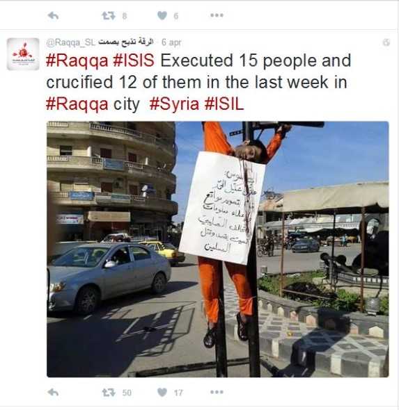 6 Aprile 2016 - Isis condanna a morte 15 persone e ne crocifigge 12 in diversi punti della citta (fonte: RBSS)