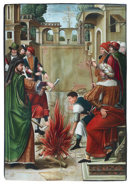 Giuliano l'Apostata fa bruciare le ossa di San Giovanni Battista Circa 1500-1530. Olio su tavola - 122,5 x 86 cm.