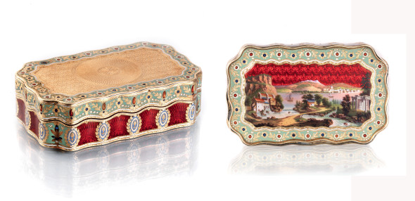 Tabacchiera in oro e smalti, 1830-35, Marchi inglesi dell’inzio del XIX secolo, decorata da Jean-Louis Richter, Stima 5.000/8.000 euro