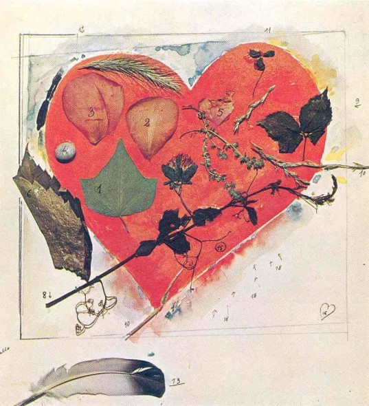 Smalto rosso con foglie, piume e sassi (1972) - Giosetta Fioroni 