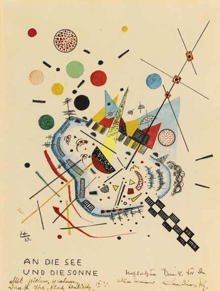 Wassily Kandinsky 1866 - 1944 AN DIE SEE UND AN DIE SONNE (TO THE SEA AND THE SUN) signed with the initial K, dated 22  and titled (lower left); inscribed Herzlichsten Dank für den/schönen Sommer and signed Kandinsky (lower right) and inscribed Mit vielem, vielem Dank/Ihre Nina Kandinsky IX 22 by Nina Kandinsky (lower left) watercolour and pen and ink on paper 28.4 by 21.8cm., 11 1/8 by 8 5/8 in. Executed in September 1922. Estimate  450,000 — 650,000  GBP  LOT SOLD. 665,000 GBP