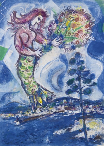 Marc Chagall 1887 - 1985 SIRÈNE AU PIN stamped Marc Chagall  (lower left) gouache, watercolour and pastel on paper 75.7 by 54.6cm., 29 5/8 by 21 1/2 in. Executed in 1960. Estimate   350,000 — 550,000  GBP  LOT SOLD. 701,000 GBP