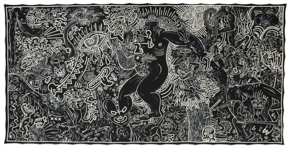 Keith Haring 1958 - 1990 UNTITLED (SEPTEMBER 14, 1986) signed, titled and dated Sept. 14 1986 on the reverse acrylic and enamel paint on canvas with metal grommets 95 x 192 in. 241.3 x 487.7 cm.Estimate   2,000,000 — 3,000,000  USD  LOT SOLD. 4,869,000 USD 