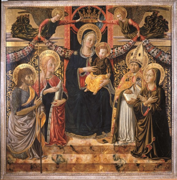 Benozzo Gozzoli Pala di Santa Maria Maddalena. Madonna col Bambino e angeli tra i santi Giovanni Battista, Maria Maddalena, Agostino e Marta tempera e oro su tavola  San Gimignano, Museo Civico
