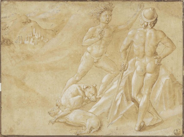 Benozzo Gozzoli Due nudi maschili e due cani che dormono Penna e inchiostro marrone, acquerello marroncino, biacca su carta filigranata tinta di rosso 1459 circa Firenze, Gabinetto Disegni e Stampe degli Uffizi