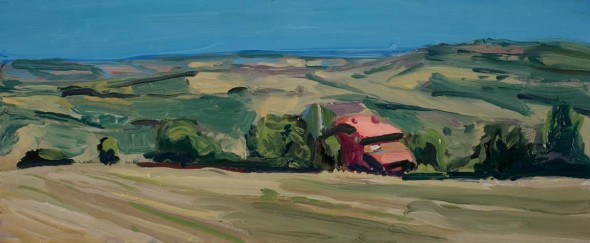 Giulio Catelli, Casa rossa sul campo di grano 2014 olio su tela 25x60 cm