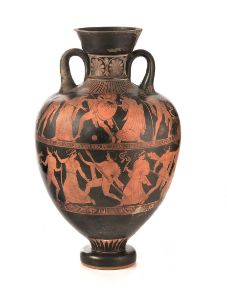 GRANDE ANFORA pseudopanatenaica, ceramica lucana a figure rosse, pittore Amykos, h. cm 68, stima 30.000/50.000 euro