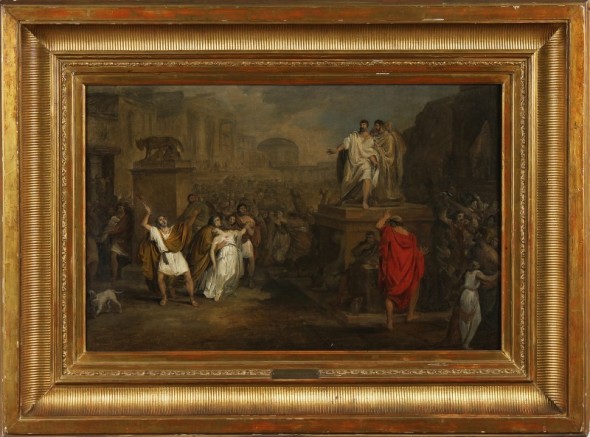 “Il suicidio di Lucrezia” di Angelo Inganni (olio su tela, 88x55cm) Autentica su fotografia a cura di Luciano Anelli. L'opera rappresenta il leggendario episodio della storia di Roma in cui, dopo il suicidio, Lucrezia viene portata dal padre davanti al tiranno durante la sommossa che porterà alla cacciata dei Tarquini dall'Urbe. La scena si svolge in un foro gremito da una folla in tumulto. A sinistra il padre della donna, reggente nella mano destra il pugnale con cui la figlia si è tolta la vita, ne mostra il corpo ormai privo di vita al tiranno, quest'ultimo settante su un alto podio. La tela è di notevole interesse poiché nei punti in cui è incompleta, ossia nelle zone marginali e nello sfondo, si può notare come l'artista procedesse a tracciare le linee dei soggetti prima di stendere le campiture di colore. Stima: 35.000-40.000€ Base d’asta: 10.000€