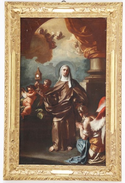“Santa Chiara e angeli” di Francesco Solimena (olio su tela, cm 45 x 76) Il dipinto raffigurante Santa Chiara d'Assisi con degli angioletti è opera tipica di Francesco Solimena che, dopo un primo periodo d’apprendistato e formazione sotto il padre Angelo e di forte influenza giordanesca, si trasferì a Napoli nel 1674 e sviluppò un suo stile caratterizzato da una robusta novellazione e da un forte chiaroscuro. Il dipinto è, per le sue evidenti caratteristiche formali, opera della piena maturità del pittore, già nel pieno Settecento. L'opera è accompagnata da scheda di Egidio Martini. Stima 11.000 - 15.000 € - Base d’asta 4.000 €