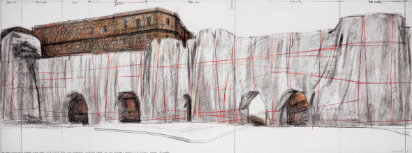 Christo  The Wall (Project for a Wrapped Roman Wall)  Drawing 1973  36 x 96" (81.5 x 244 cm)  Pencil, wax crayon and charcoal  Private collection, Europe  Photo: André Grossmann  © 1973 Christo 