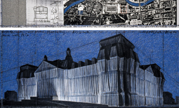 Christo  Wrapped Reichstag (Project for Berlin)  Drawing 1995 in two parts  15 x 96" and 42 x 96" (38 x 244 cm and 106.6 x 244 cm)  Pencil, pastel, charcoal, wax crayon, technical data, aerial map and fabric sample  Photo: Wolfgang Volz  © 1995 Christo 