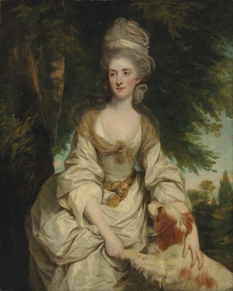 Sir Joshua Reynolds, P.R.A. (1723-1792), Portrait of Lucy Long, Mrs George Hardinge (d. 1820), daughter and heiress of Richard Long of Hinxton, Cambridgeshire, in a white dress with a sheer brown scarf and a ribbon and pearls in her hair, with her spaniel, in a landscape, 1778. Oil on canvas. 50 1/8 x 40 1/4 in. (127.3 x 102.1 cm.) Estimate: £2,000,000-3,000,000. This work is offered in Defining British Art: Evening Sale at Christie’s London on 30 June