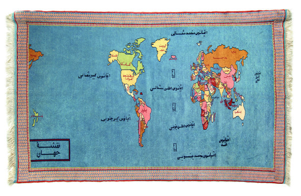 Planisfero con bandiere, tappeto annodato a mano, area di produzione Afghanistan