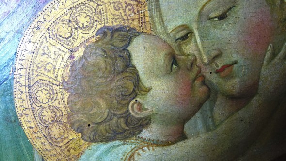 Giovanni dal Ponte, Madonna col Bambino in trono, tempera su tavola, cm. 120x60, Galleria dell'Accademia di Firenze, particolari dei volti della Vergine e di Gesù Bambino prima del restauro.