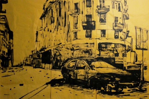 Michael Rotondi, Genova 2001, 2016, smalto su carta, 200x300 cm