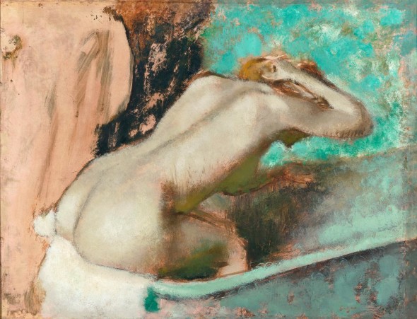 Edgar Degas  Woman seated on the edge of a bath sponging her neck (Femme assise sur le bord d'une baignoire et s'épongeant le cou) c. 1880–95 oil and essence on paper on canvas