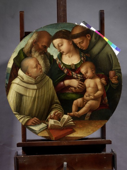 Luca Signorelli Madonna col Bambino tra i santi Bernardo, Antonio da Padova e Girolamo Olio su tavola 88 cm Prato, FarsettiArte