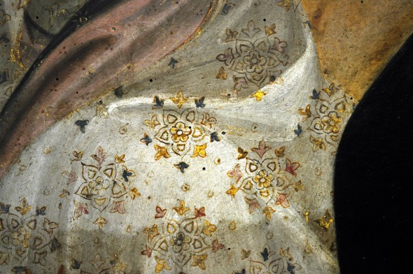 fig-Giovanni dal Ponte, Incoronazione della Vergine fra quattro santi,  Firenze, Galleria dell’Accademia, dettaglio della prova di pulitura del manto della Vergine 